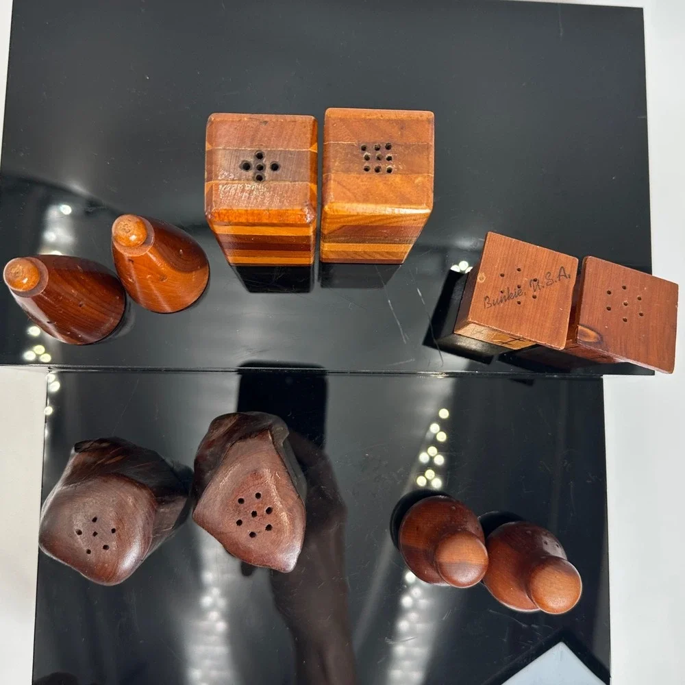 Vintage Salt Pepper Shaker Set Lot of 5 Wood Inlay Souvenir Novelty Rustic Mini